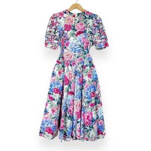 Vintage 90s Floral Print Dress with Basket Weave Puff Sleeve